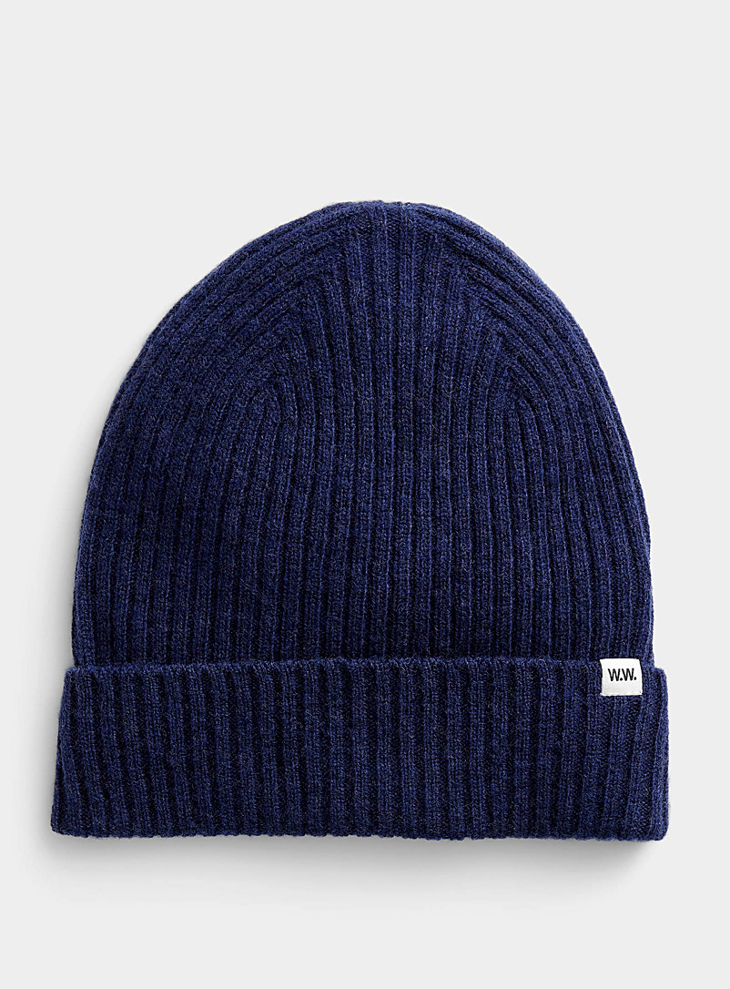 Wood Wood Marine Blue Lambswool ribbed tuque for men
