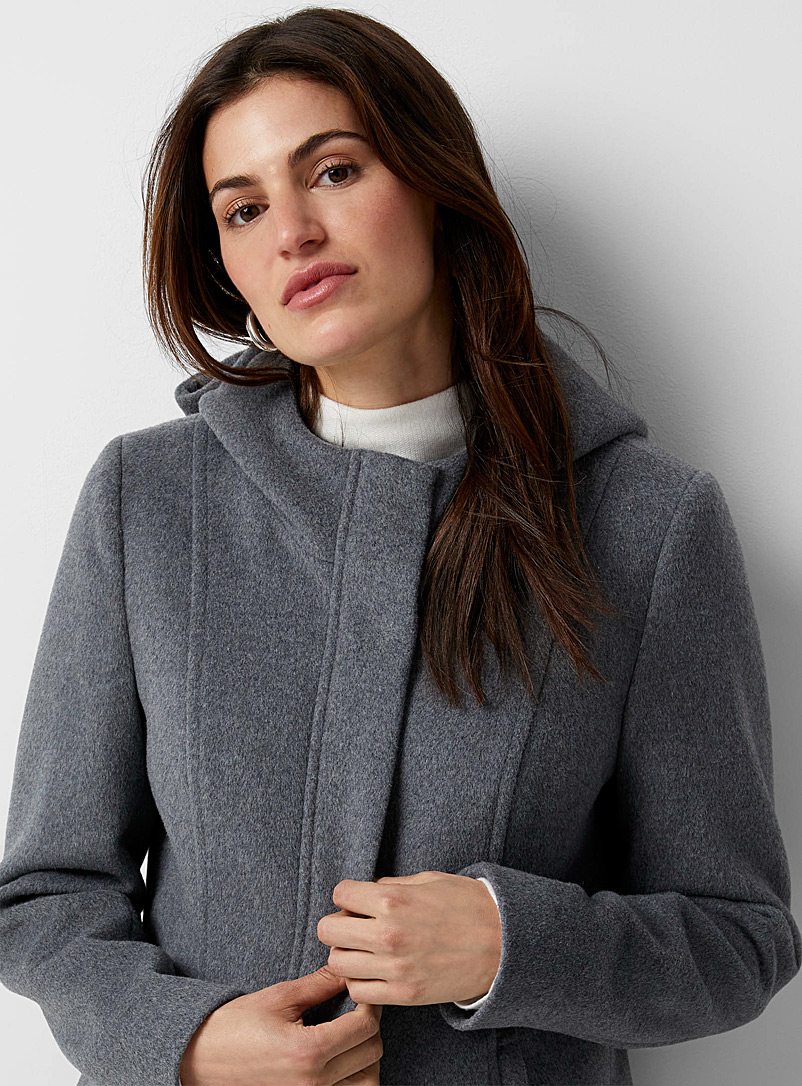 Contemporaine Grey Hooded zipped wool coat for women