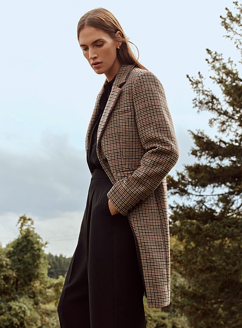 Contemporaine Patterned Ecru Checked recycled wool overcoat for women
