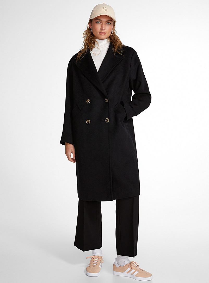 Icône Black Deep black double-breasted overcoat for women