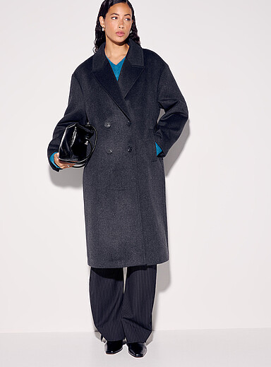 Ic&ocirc;ne Slate Grey Oversized felted reprocessed wool double-breasted overcoat for women