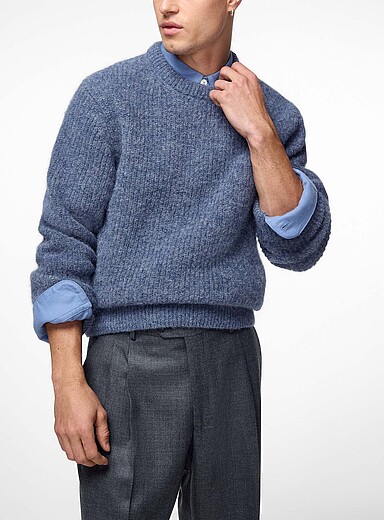Ecole de Pens&eacute;e Blue Alpaca blend plush ribbed sweater for men