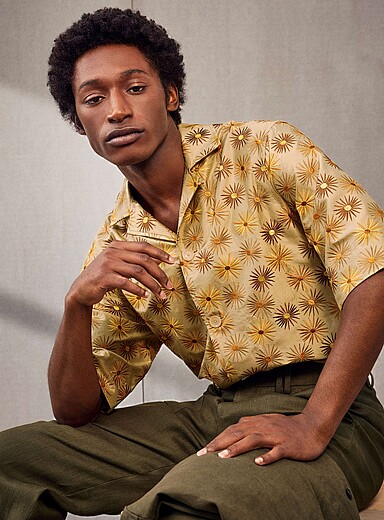 Embroidered suns pure silk cabana shirt