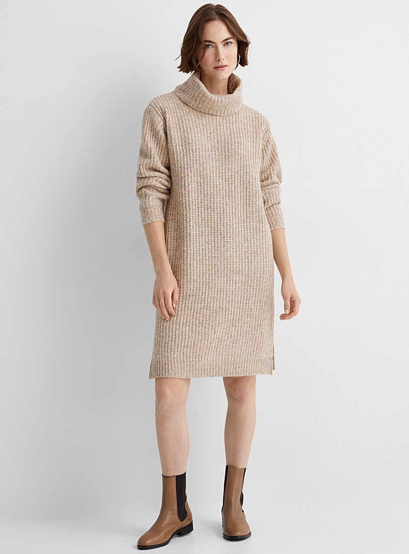 Contemporaine Ecru/Linen Rib-knit turtleneck dress for women