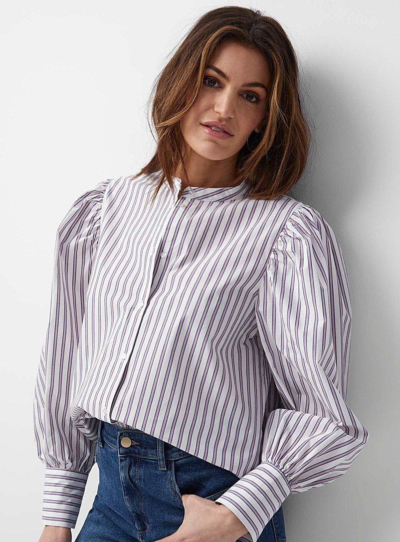 Contemporaine Patterned White Striped puff sleeves shirt for women