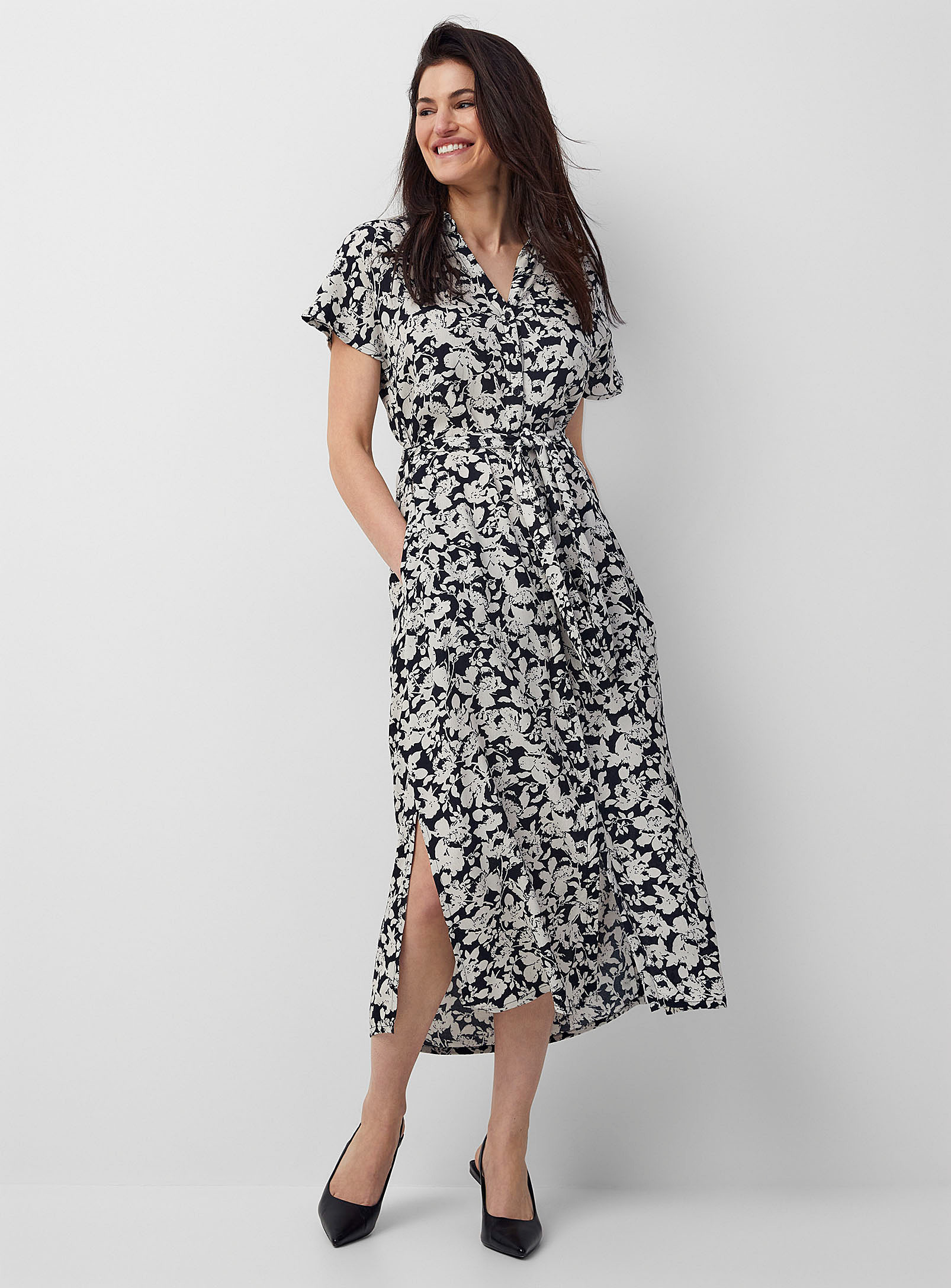 Contemporaine Contrasting Garden Belted Dress In Black And White