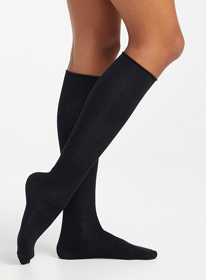 Simons Black Minimalist merino wool knee-highs for women