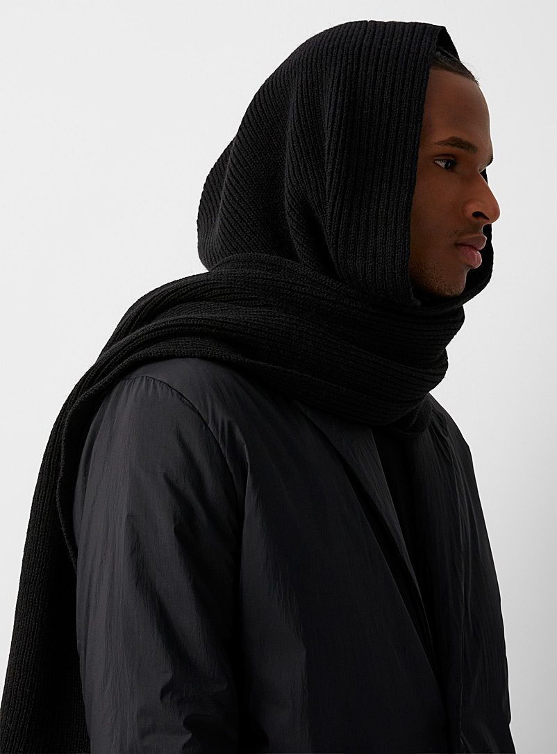 About The Tower Black Rib-knit hooded scarf for men