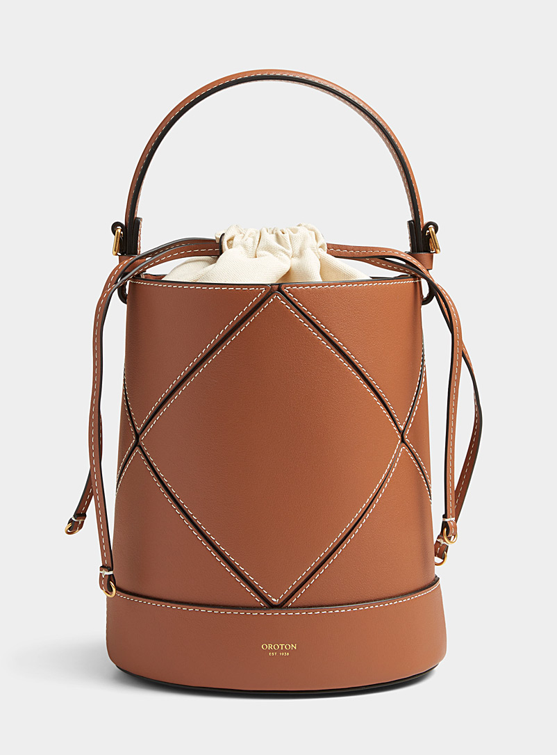 Oroton Brown Patch topstitched bucket bag for women
