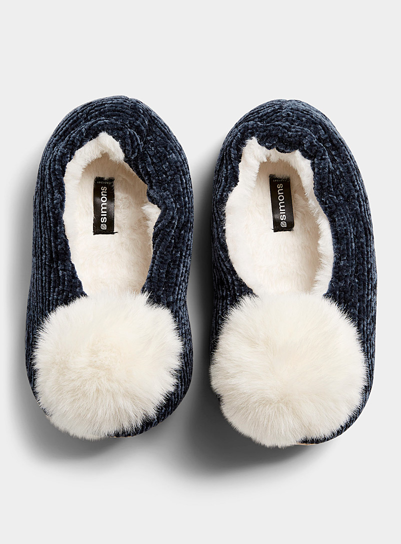 Miiyu Marine Blue Pompom chenille-knit slippers for women