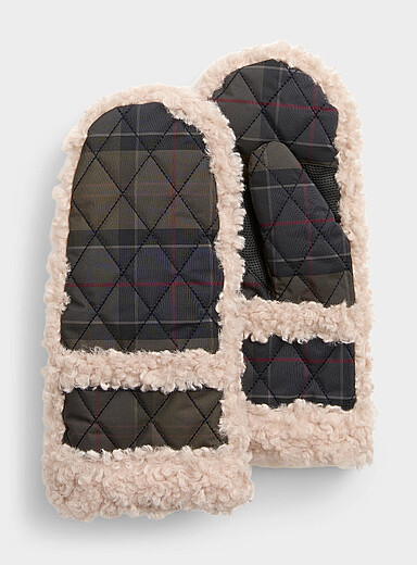 High-pile-fleeced trim quilted tartan mittens