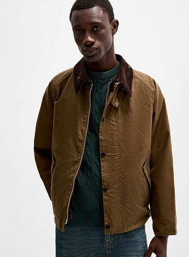 Barbour Olive Green Transport corduroy-collar waxed-cotton jacket <b>Exclusively at Simons</b> for men