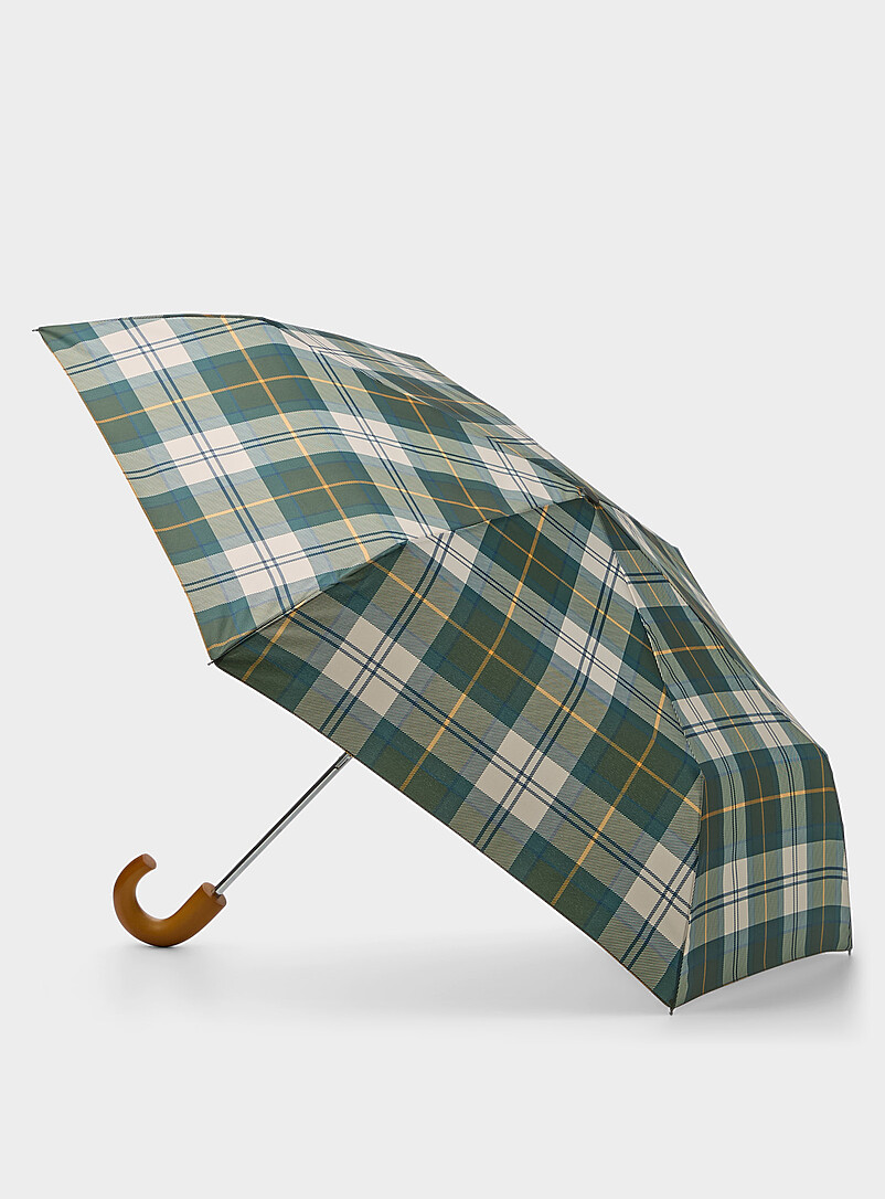 Wooden-handle compact tartan umbrella product image (primary)