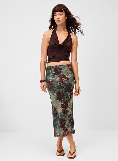 Twik: La jupe midi filet &agrave; motif Vert &agrave; motifs pour femme