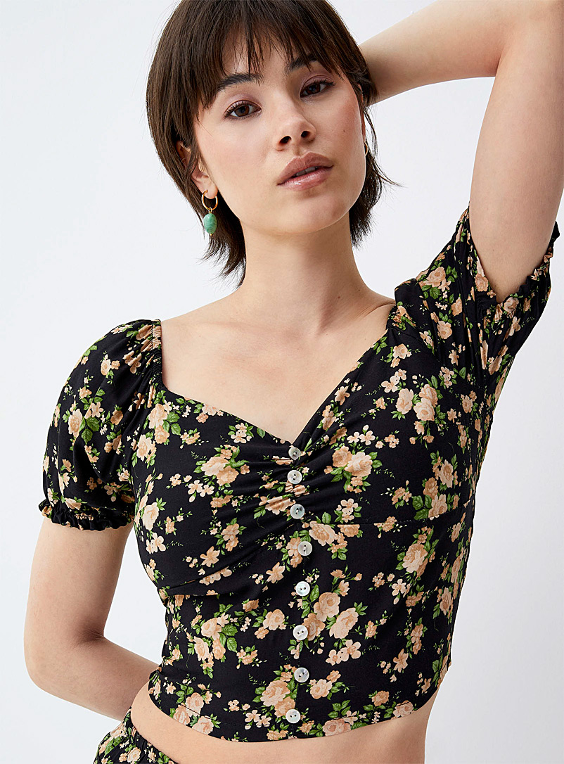 Twik: La blouse boutonnée imprimé floral Noir à motifs pour femme