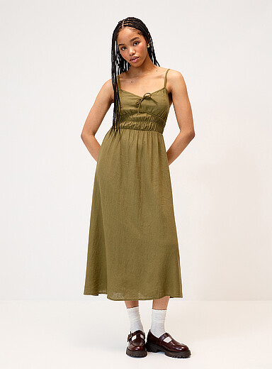 La robe midi lin m&eacute;lang&eacute; buste smock&eacute;