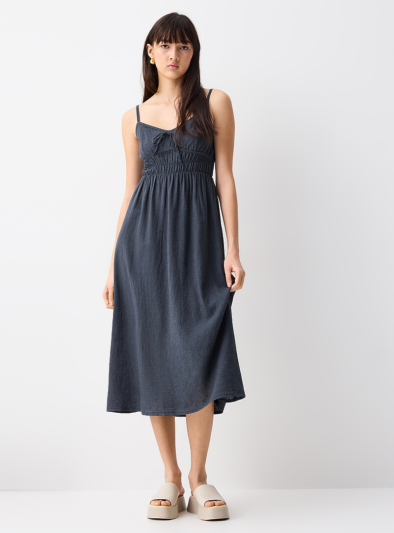 Twik Chocolate/Espresso Smocked bust linen-blend midi dress for women