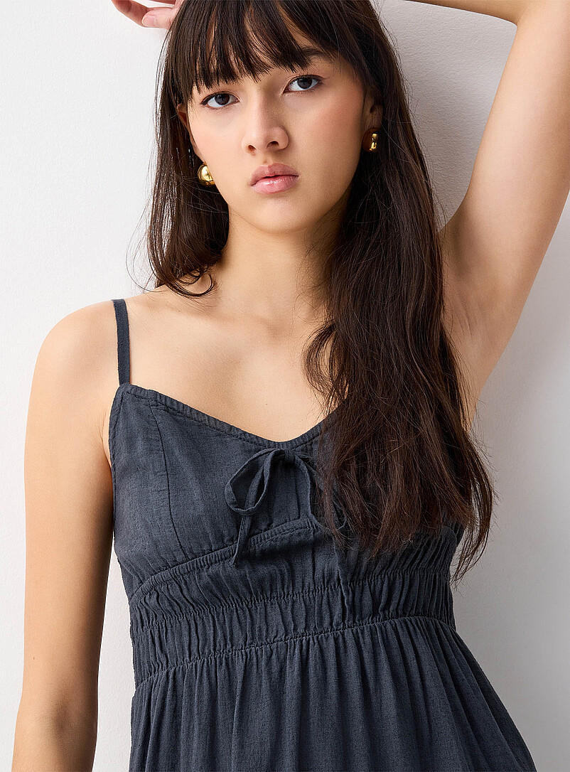 Twik Chocolate/Espresso Smocked bust linen-blend midi dress for women