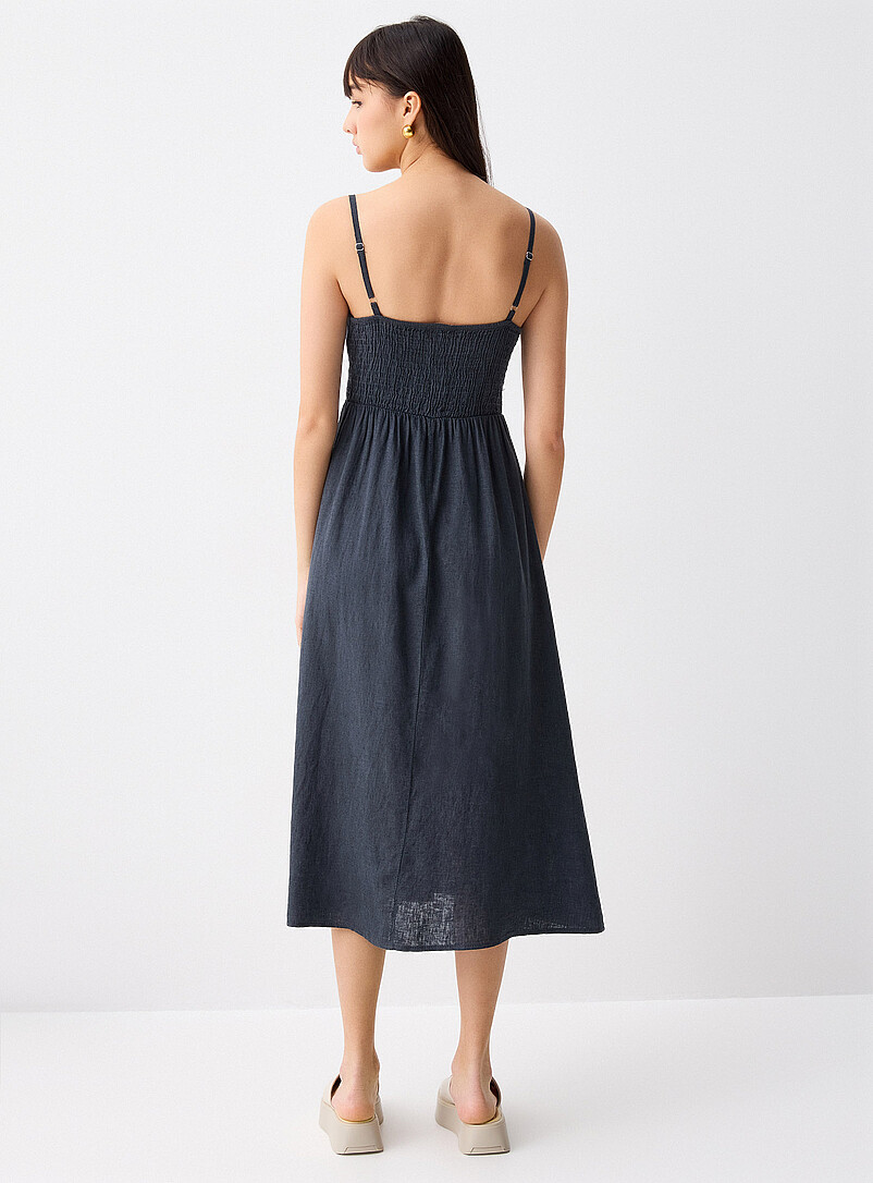 Twik Chocolate/Espresso Smocked bust linen-blend midi dress for women