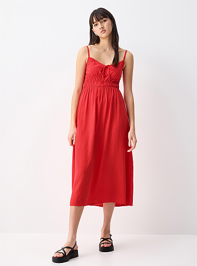 La robe midi lin m&eacute;lang&eacute; buste smock&eacute;