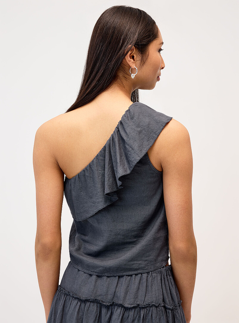 Twik White Linen-blend ruffled single-shoulder cami for women