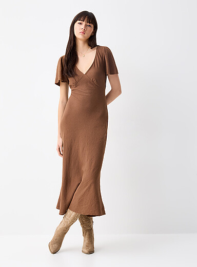 La robe midi encolure V lin m&eacute;lang&eacute;
