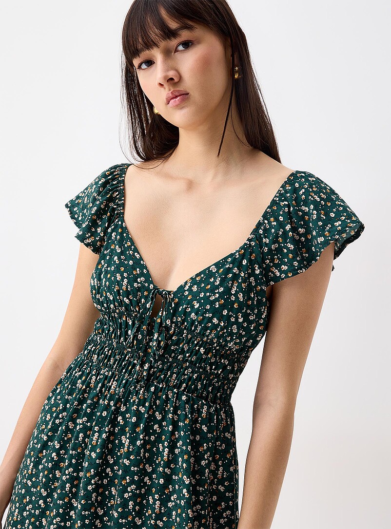 Twik Patterned Green Floral bows short dress for women