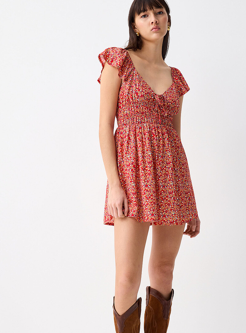 Twik Patterned Green Floral bows short dress for women