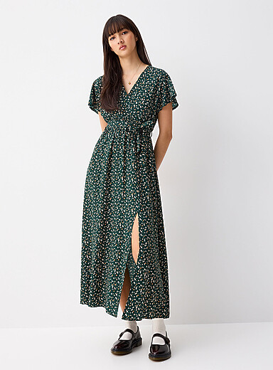 Twik: La robe maxi portefeuille imprim&eacute;e Vert &agrave; motifs pour femme