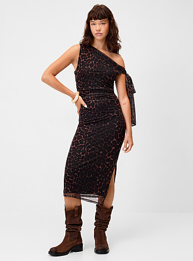 Twik Patterned Brown Tie-up shoulder mesh dress for women