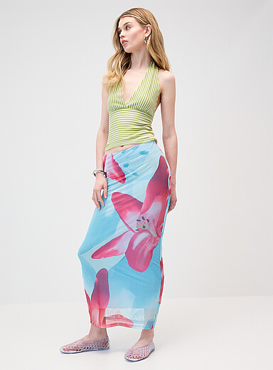 Printed mesh maxi skirt