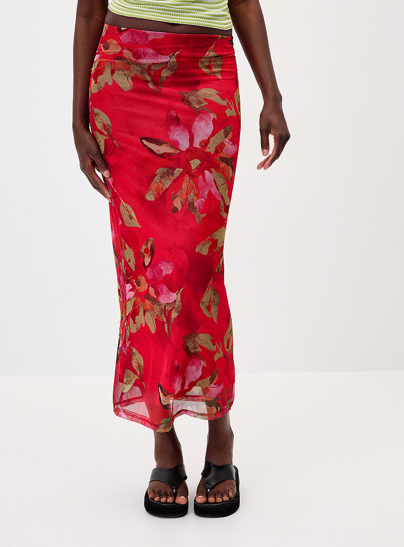 Twik Patterned Red Printed mesh maxi skirt for women