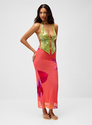 Twik Patterned pink Printed mesh maxi skirt for women