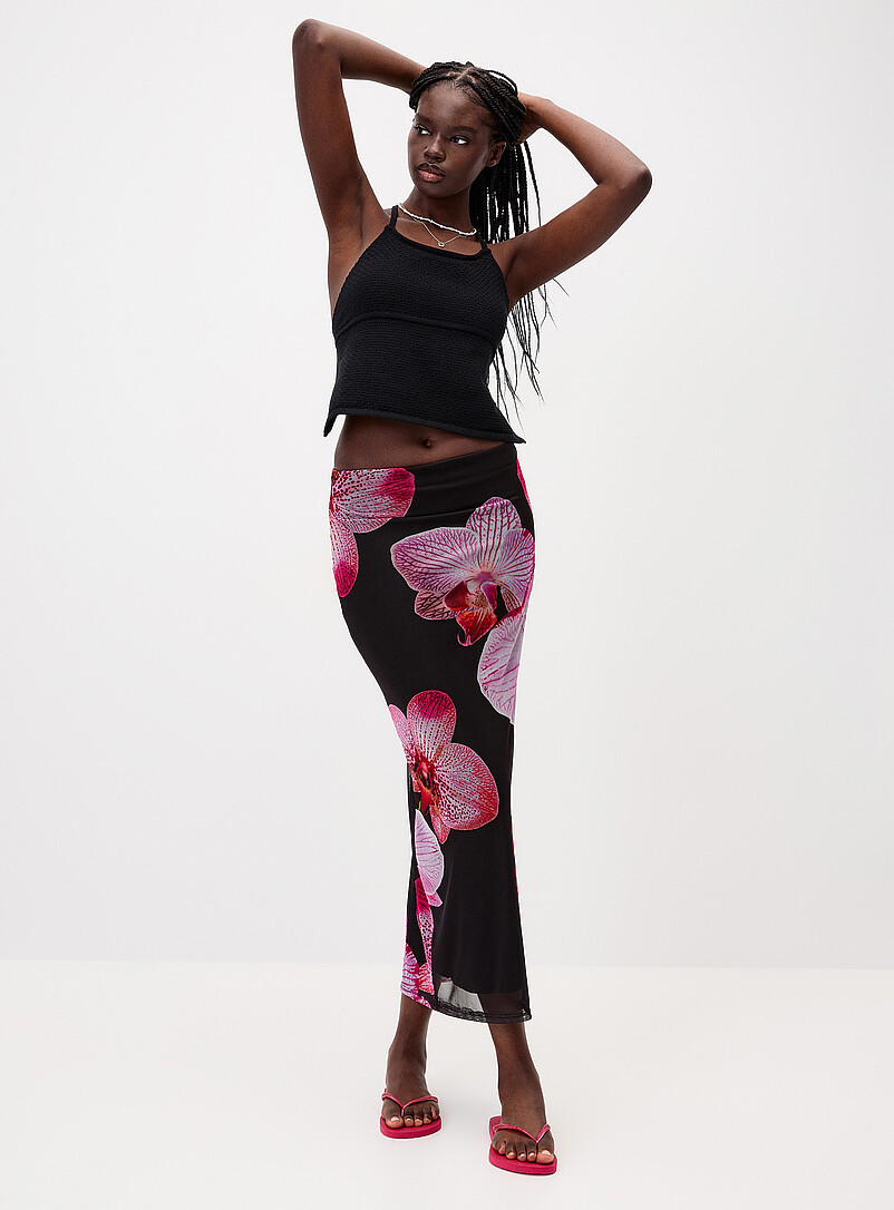 Twik Patterned Red Printed mesh maxi skirt for women