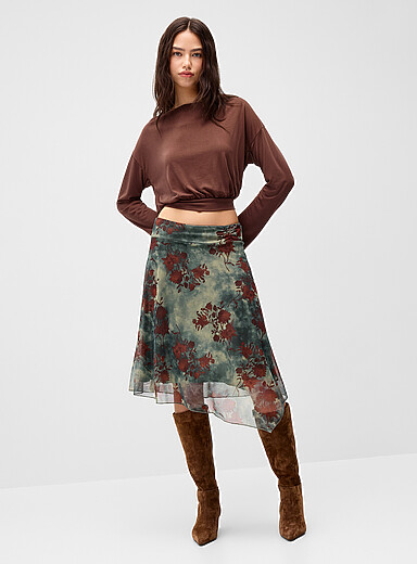 Twik Patterned Green Asymmetric mesh midi skirt for women