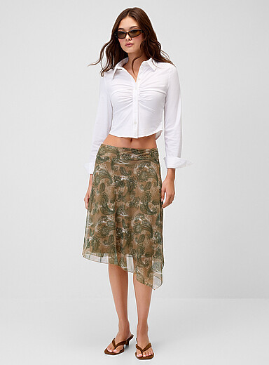 Twik: La jupe midi filet asym&eacute;trique Vert &agrave; motifs pour femme