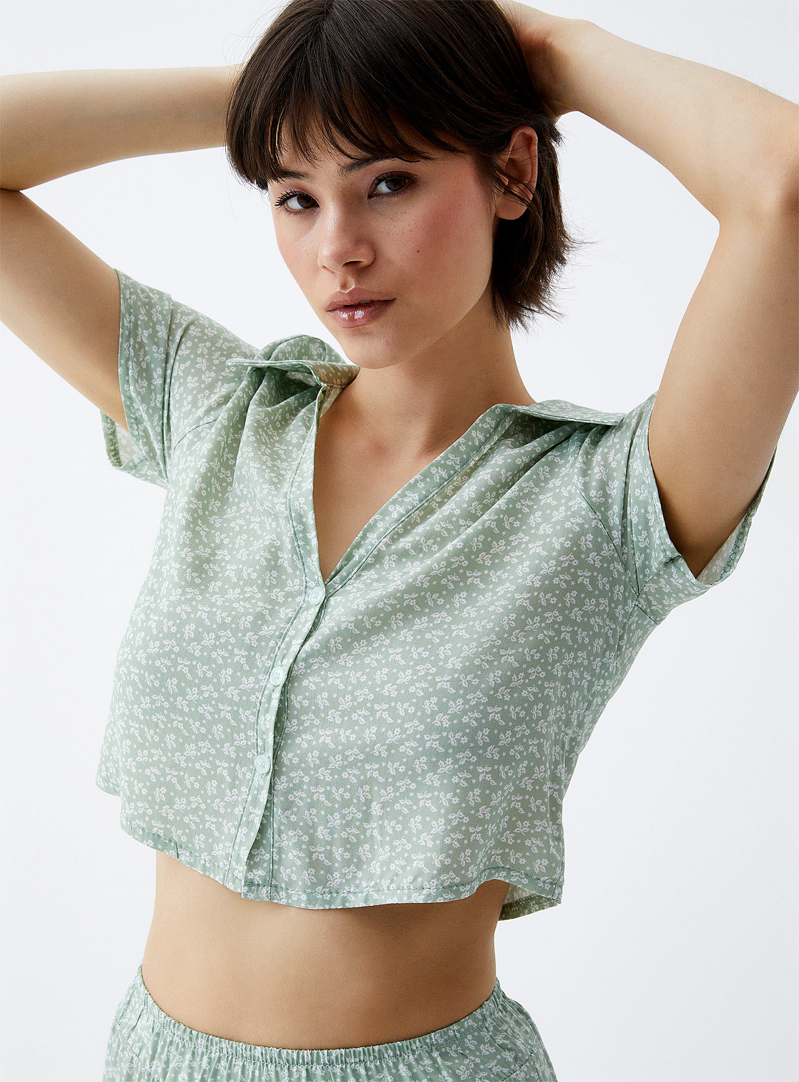 Twik Floral Print Cropped Blouse In Patterned Green