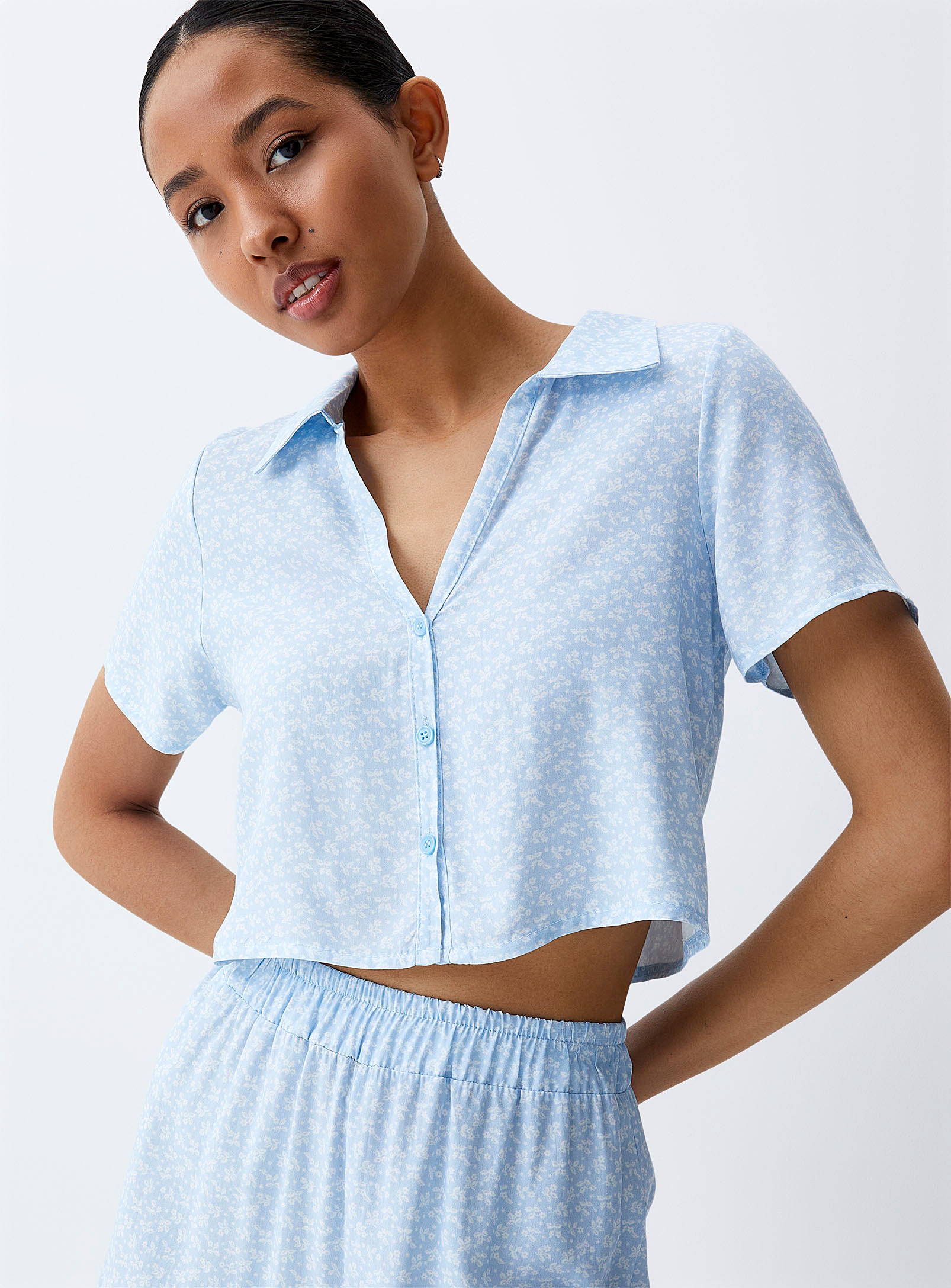 Twik Floral Print Cropped Blouse In Patterned Blue