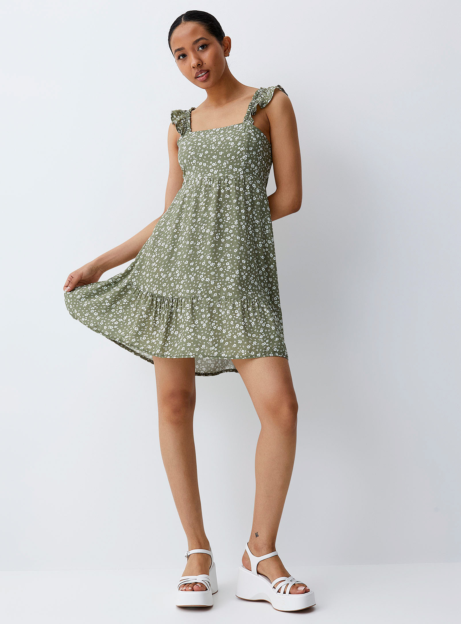 Twik Ruffled Straps Floral Dress In Patterned Green