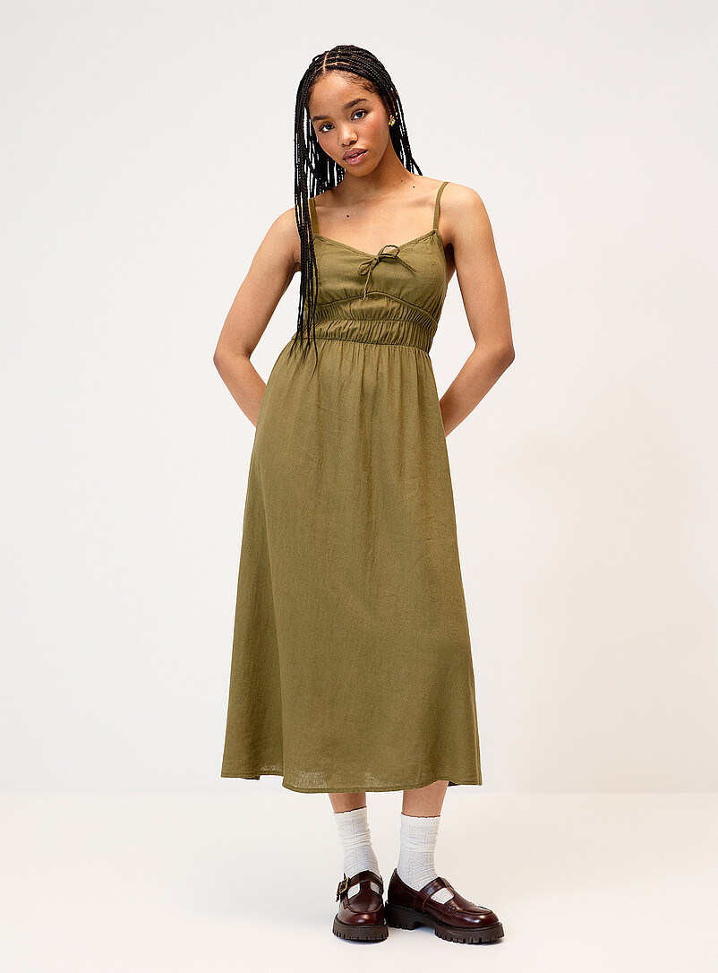 Smocked bust linen-blend midi dress product image (primary)