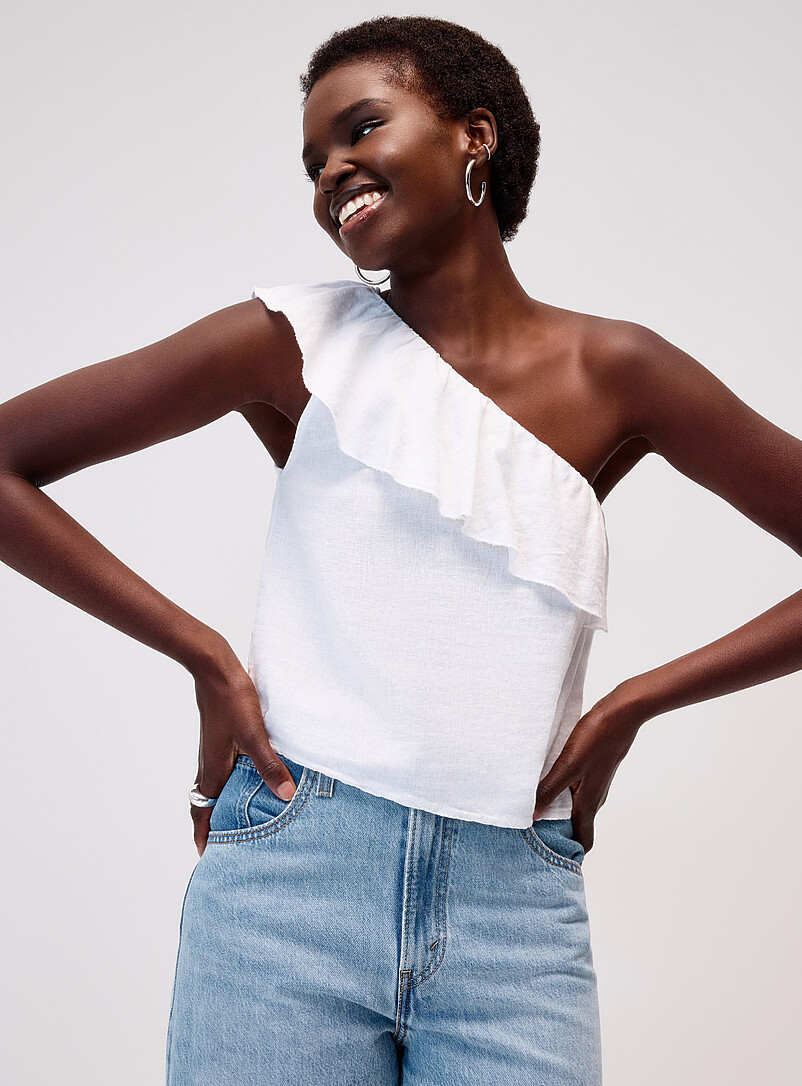 Linen-blend ruffled single-shoulder cami product image (primary)