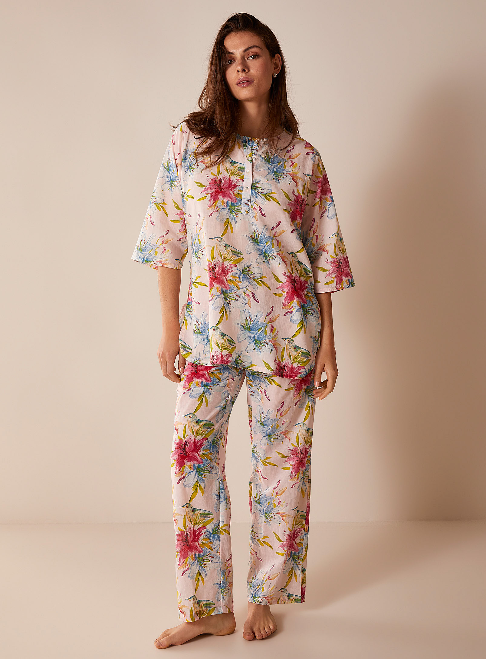 Miiyu Summer Bloom Pure Cotton Pyjama Set In Ivory/cream Beige