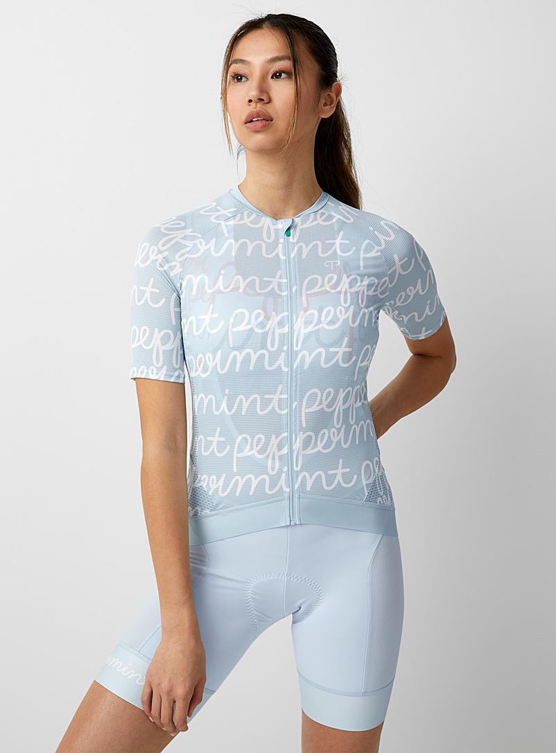 Peppermint Baby Blue Zippered logo micro-perforated cycling jersey for women