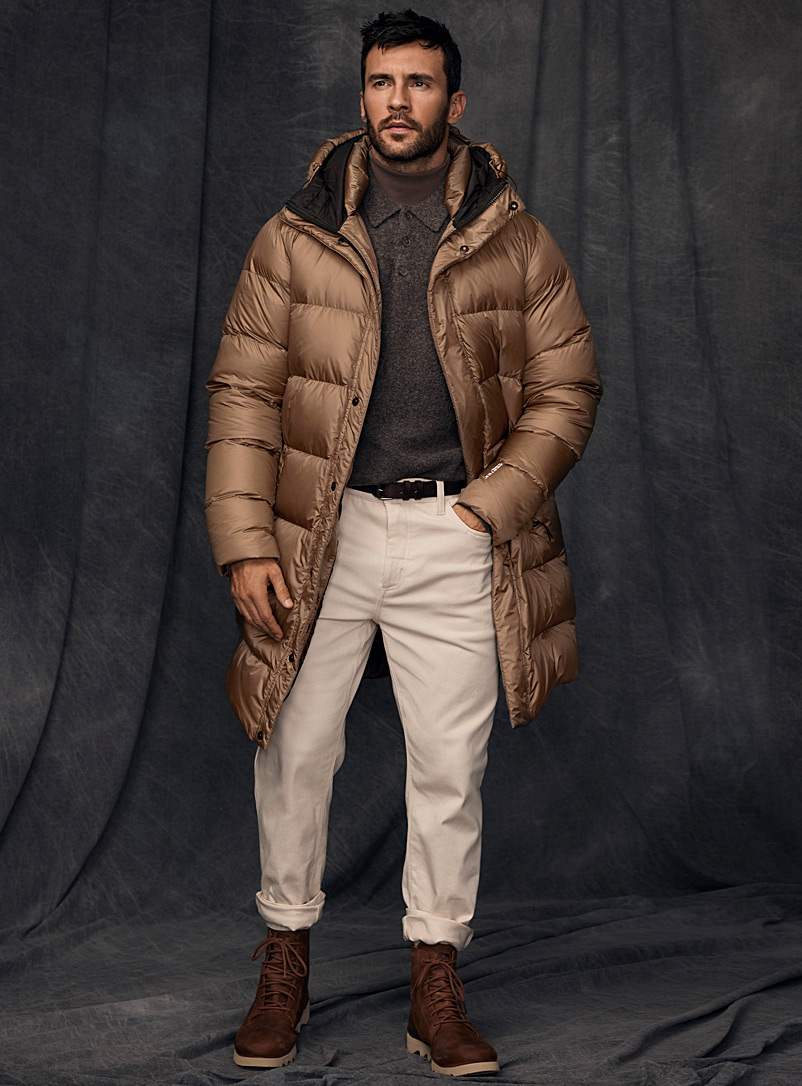 Le 31 Light Brown Long Pertex® recycled nylon puffer jacket for men
