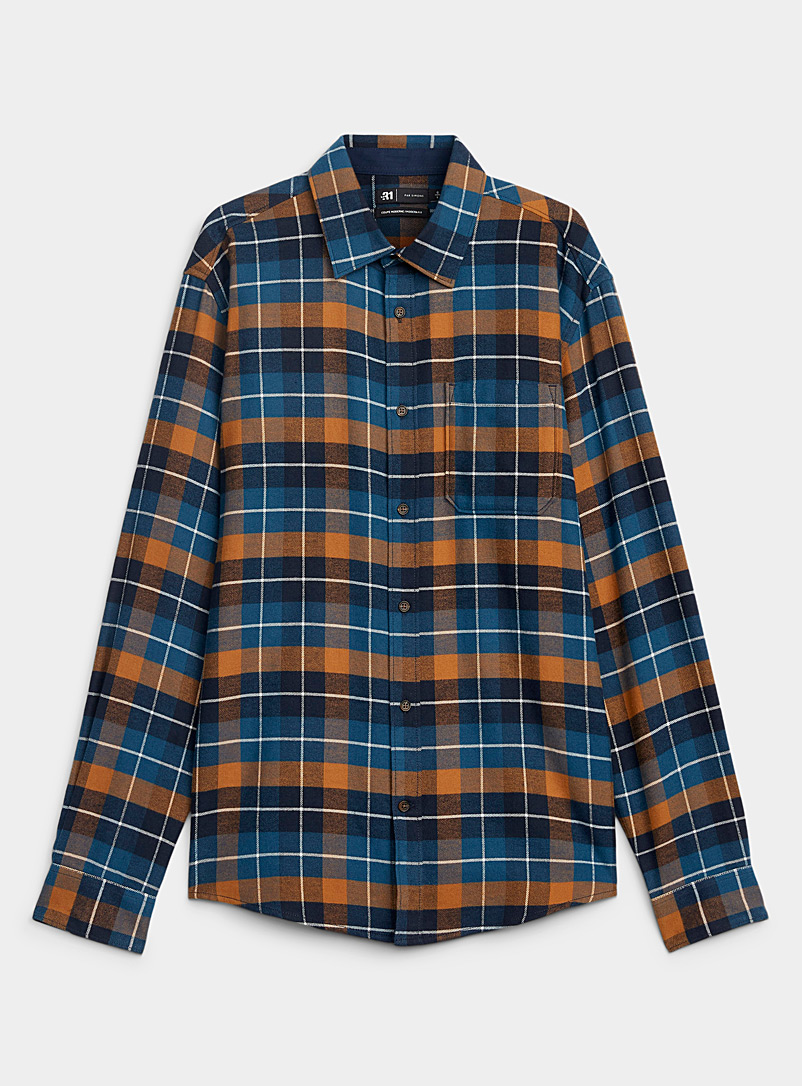 Le 31 Marine Blue Organic cotton check flannel shirt Modern fit for men
