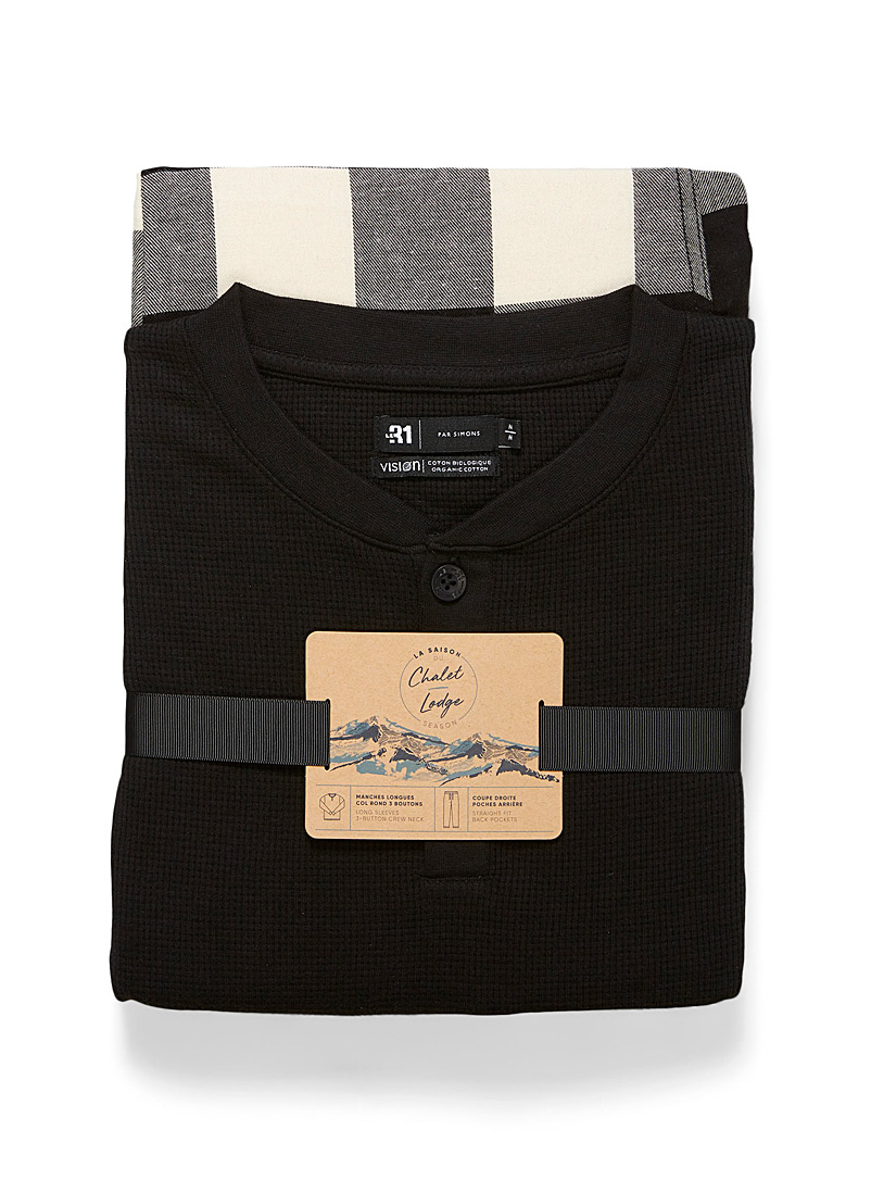 Le 31 Patterned Black Waffled organic cotton and flannel pyjama set for men