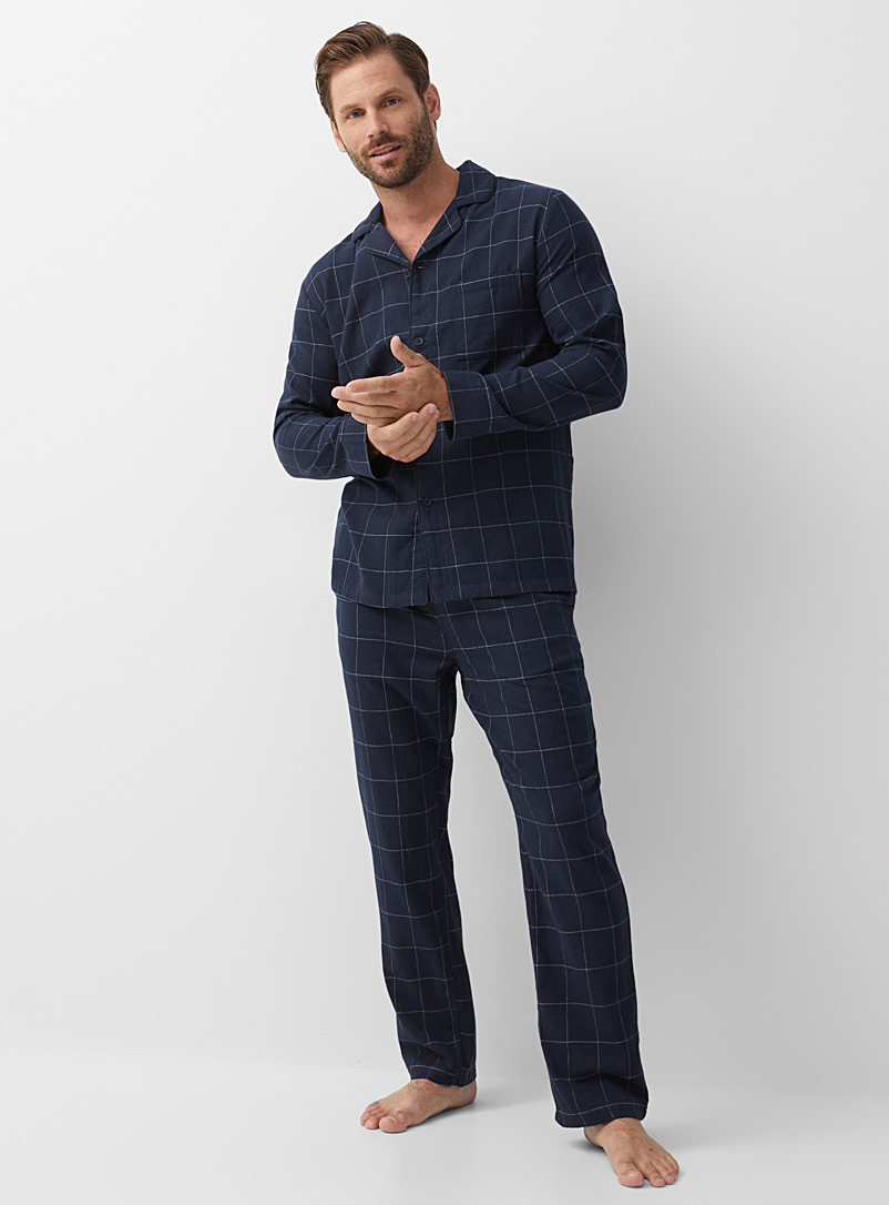 Le 31 Patterned Blue Rustic-pattern flannel pyjama pant for men