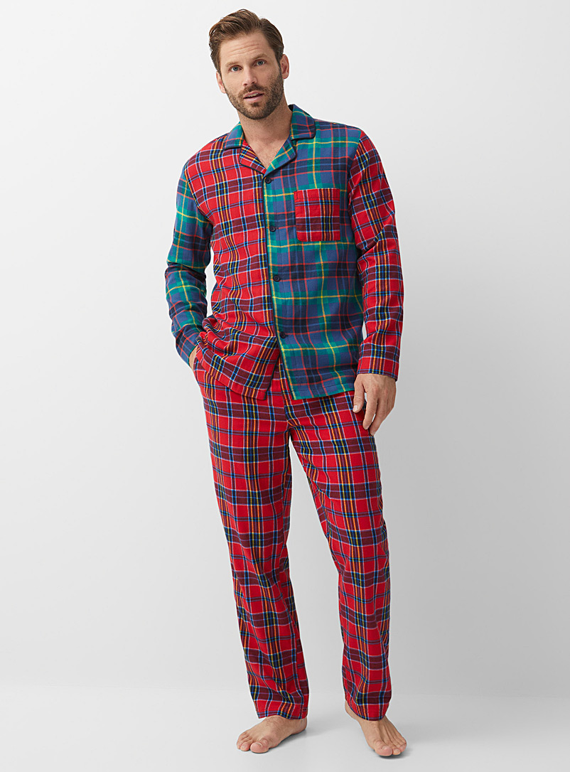 Le 31 Patterned Red Rustic-pattern flannel pyjama pant for men