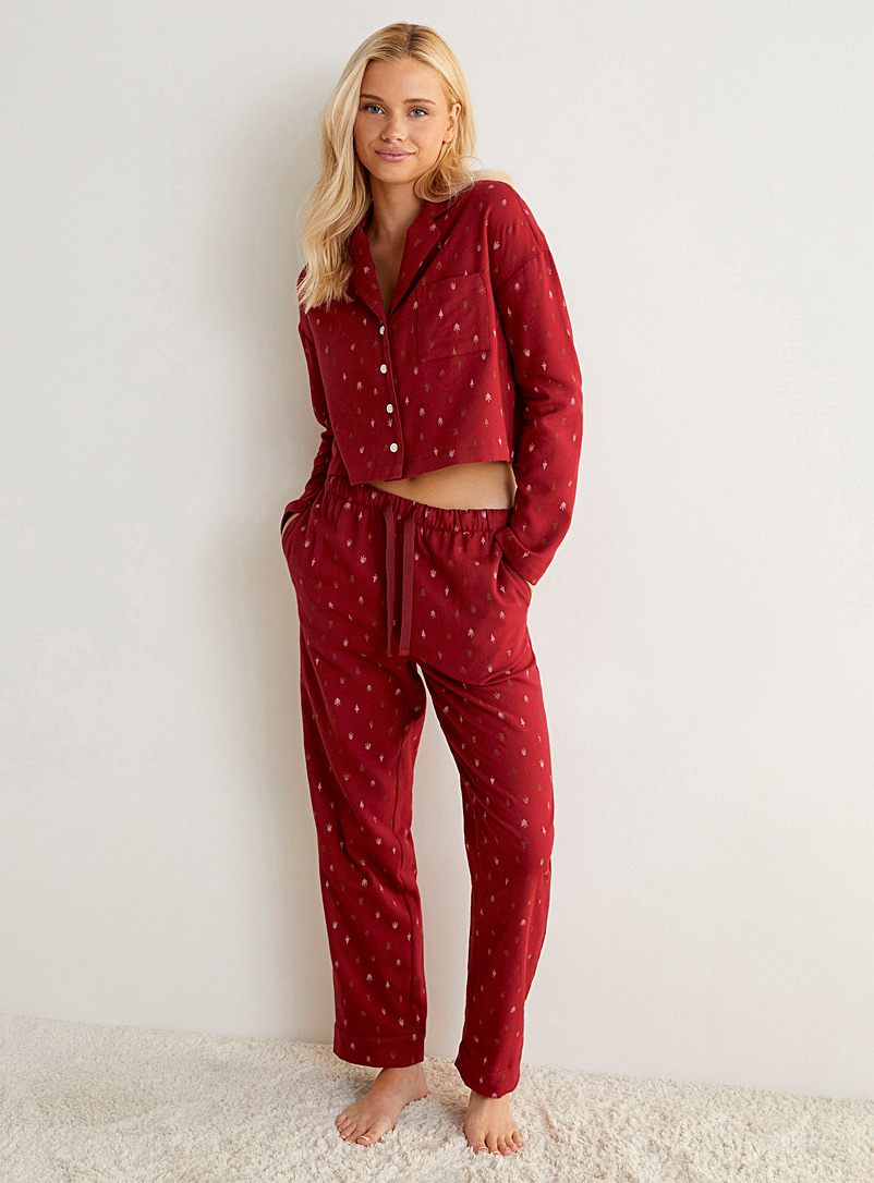 Miiyu x Twik: Le pantalon de pyjama motif hivernal Rouge foncé-vin-rubis pour femme