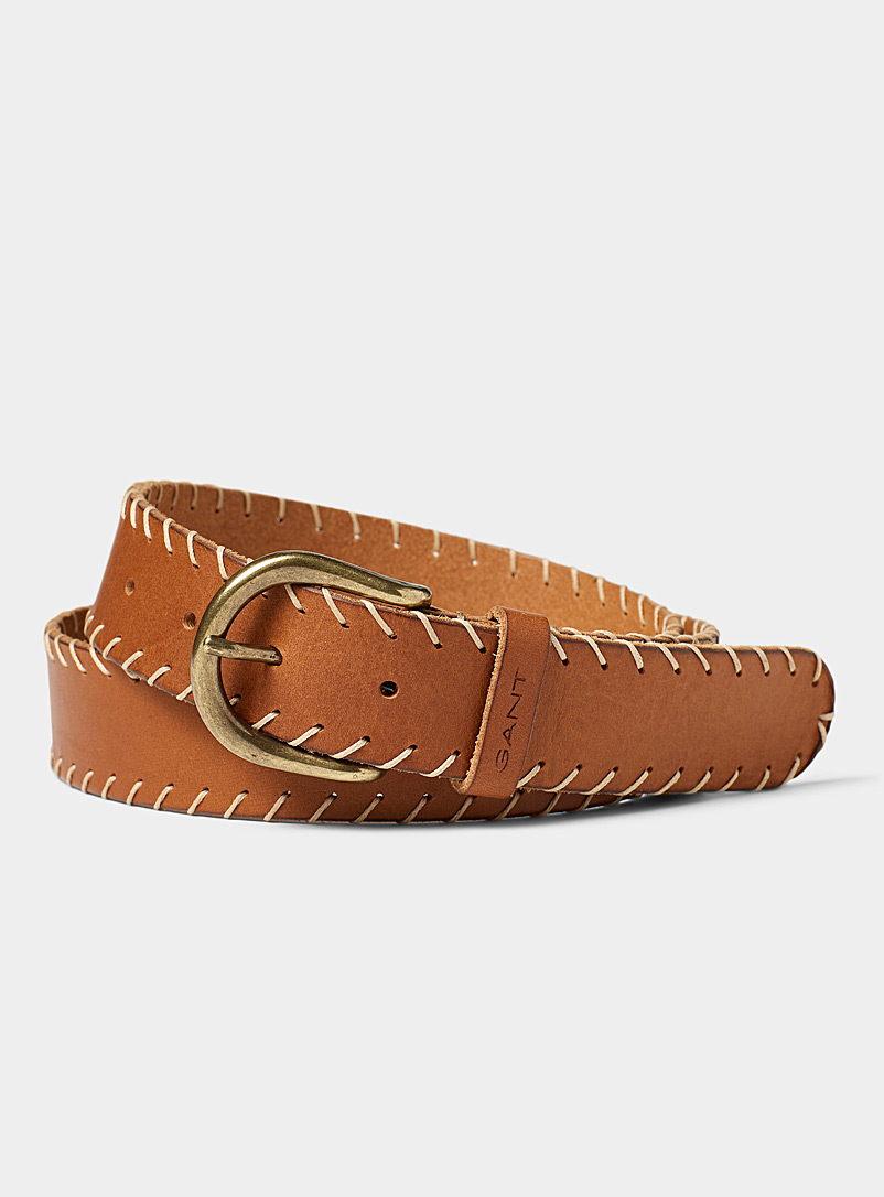 GANT Brown Contrast topstitch leather belt for men